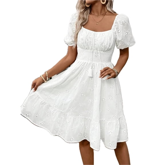 Women's Smocked Eyelet Square Neck Puff Sleeve Mini Dress Ninety Five Percent Polyester and Five Percent Spandex