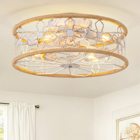 HOOMEDELIER 20" 4-Light Farmhouse Flush Mount Ceiling Fan with Light Rustic Rattan Caged Chandelier Fan for Living Room