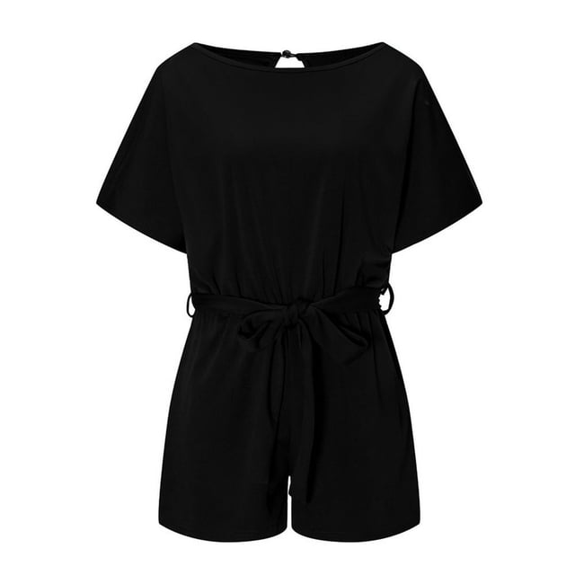 Combinaison O-Cou à Manches Courtes pour Femmes Solide Ceinturée Jambe Large Pantalon Coupe-Bas Combi-Pantalon