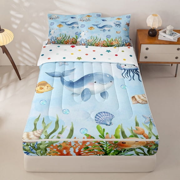 jejeloiu Watercolor Ocean Life Zipper Twin Comforter Sets with Fitted Sheet and 2 Pillowcases,Whale Print Zipper Bedding Set For Boys,Blue White,Polkadot Reversible,4-Piece
