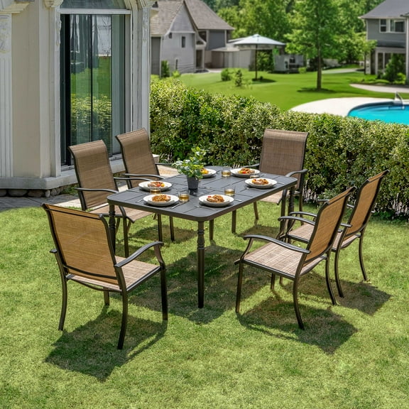 Nuu Garden Outdoor 7-Piece Dining Set with Powder-Coated Metal Frame, Patio Metal Dining Set with 6 Textilene Fabric Chairs, Dining Table with Umbrella Hole, Ideal, Black and Brown