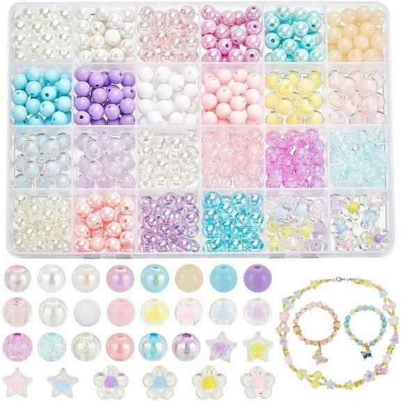 522pcs Round Acrylic Bead Bracelet Making Kit Bulk Round Bead Kit Star Flower Bead Craft Acrylic Beaded Kit for Jewelry Making Bracelet Necklace DIY Craft 8~12mm