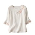thumbnail image 4 of Women's Short Sleeve T-shirt 3/4 Sleeve Linen Shirts For Women 2025 Cotton Summer Retro Embroidered Boho Tops Casual Trendy Vacation Blouse,White Women's Short sleeve T-shirt XXL, 4 of 6