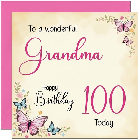 Tarjeta de cumpleaños 100 para abuela con zorro morado, mariposas y flores