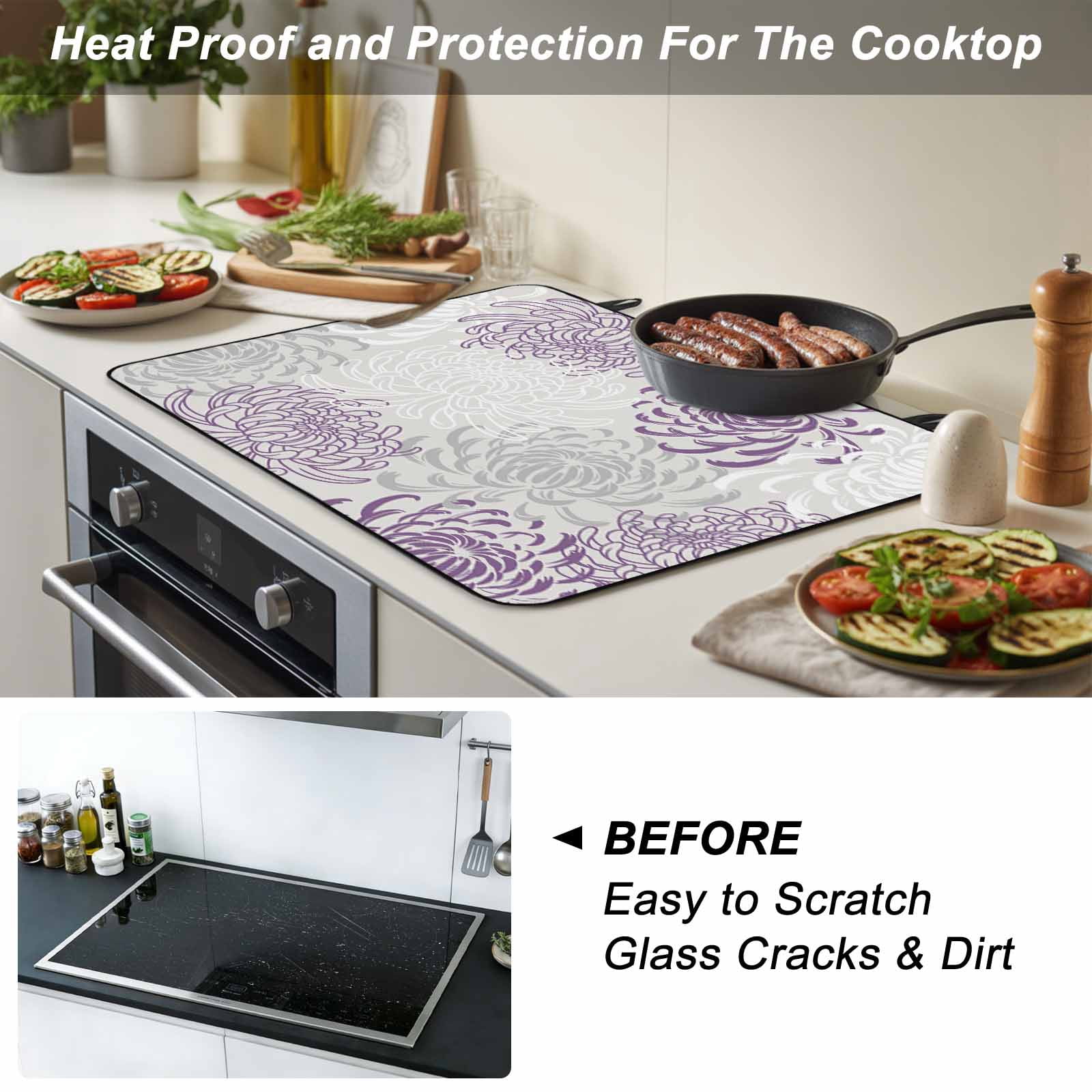Purple White Stove Top Cover for Electric Stove, Heat-proof & Non Slip Glass Top Stove Cover Protector, Abstract Grey Chrysanthemum Flower Floral Kitchen Flat Cooktop Rubber Mat 28.5x20.5 Inches