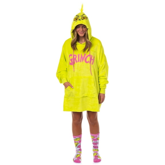 The Grinch Women's Pajamas Pullover Hooded Plush Fleece Dorm Sleep Shirt with Socks