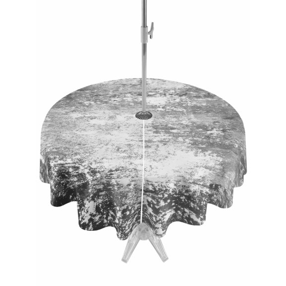 Outdoor Tablecloth with Umbrella Hole for Patio/Picnic/Party/Camping, Shabby Grey Waterproof Table Cloth Round Cover Washable, Oil Painting Vintage Art Gray White (Dia 60")