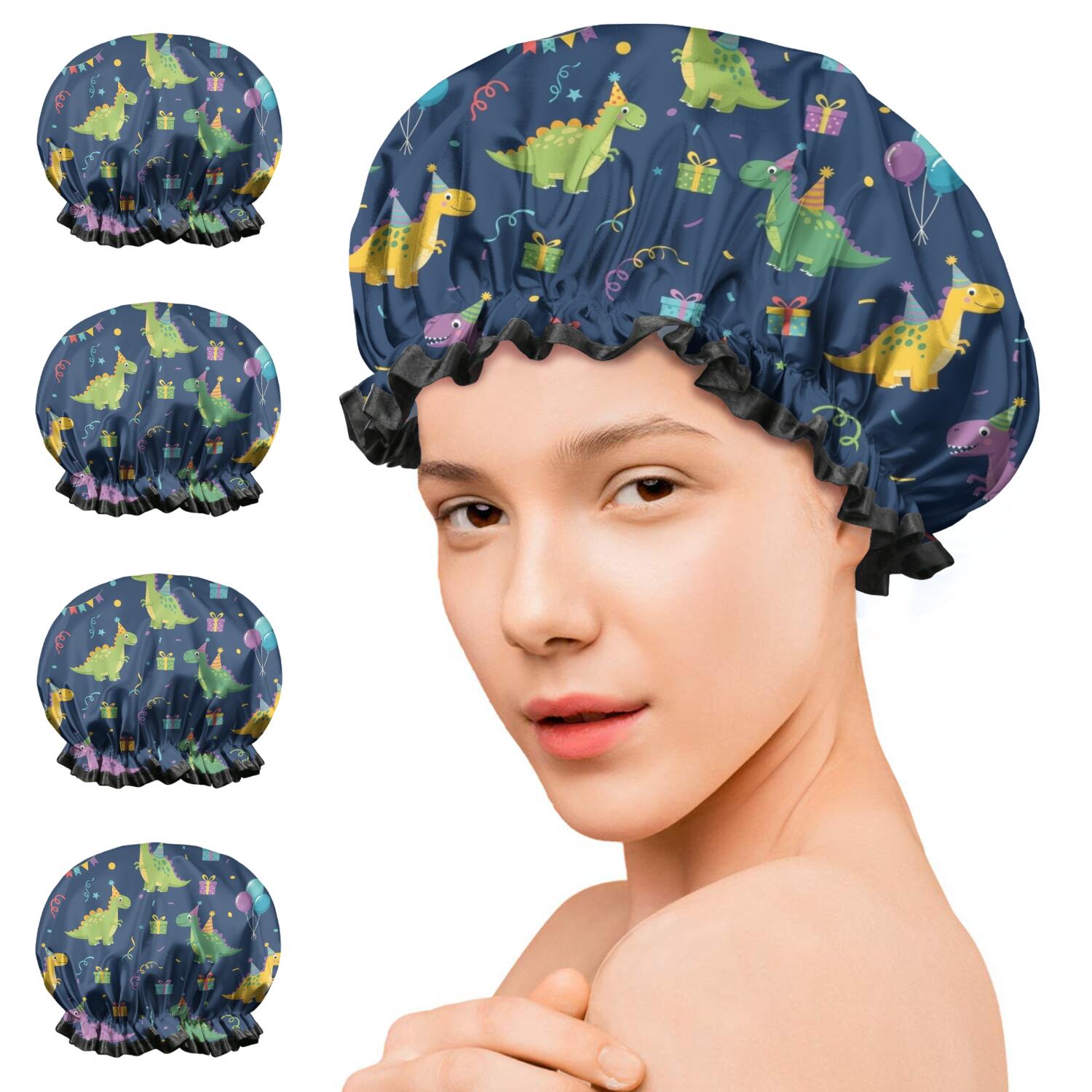 Shower Caps,DarkBlue Cartoon Dinosaurs PartyElements Pattern Waterproof Shower Cap for Women 4 Pieces,Double Reusable Hair Cover for Shower PEVA Elastic Stretch Hem