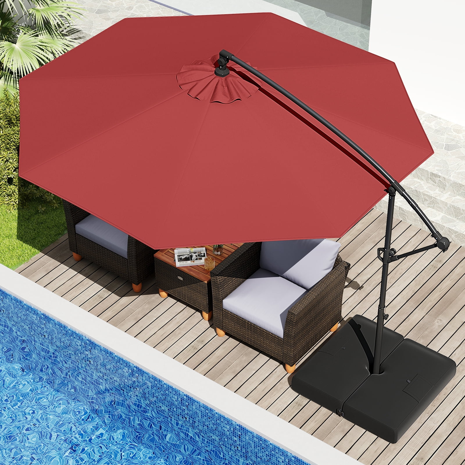 Gymax 10 FT Offset Hanging Umbrella with Base Patio Cantilever Umbrella w/ Infinite Tilt Red