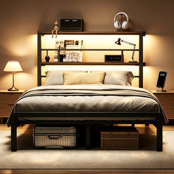 Patbrela Queen Size Bed Frame with 49.2-Inch LED High Headboard and 2-Tier Storage, Metal Platform Bed, Black