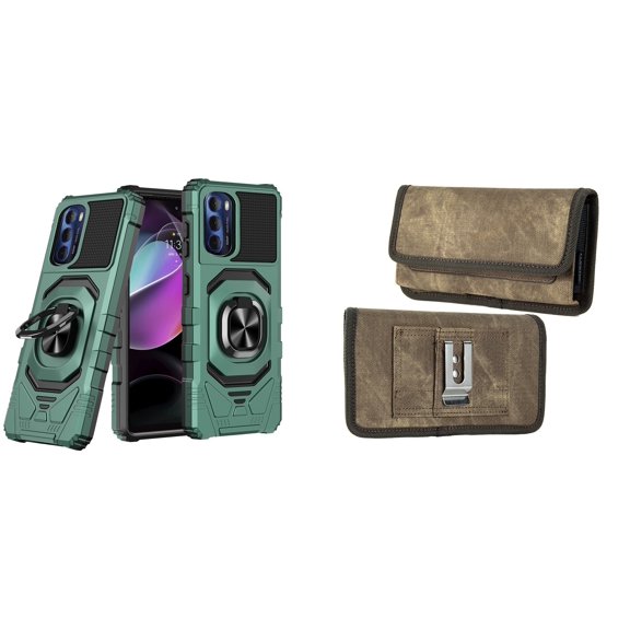 Case with Belt Holster Bundle for Moto G Stylus 5G 2022: Heavy Duty Shield Cover (Midnight Green) and Rugged Denim Nylon Phone Pouch (Tan Brown)