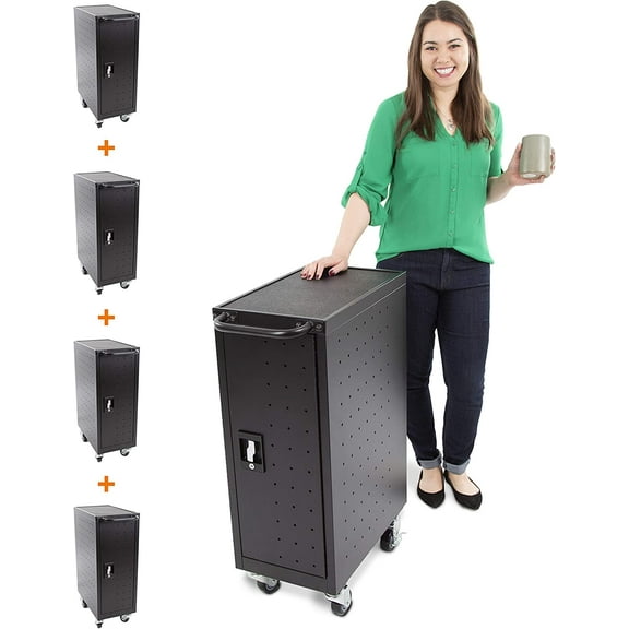 Stand Steady Line Leader Compact Mobile Charging Cart for Chromebooks, Laptops, Tablets and More - 4 Pack | Charges and Stores 16 Devices | Power Strip and Locking Cabinet (12.13" x 23.25" x 34")