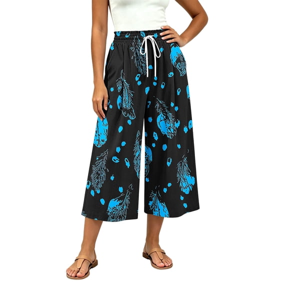 Levmjia Women's Summer Floral Print Wide Leg Pants Loose Fit Casual Drawstring Capri Trousers with Pockets Vintage Washed Vacation Beach