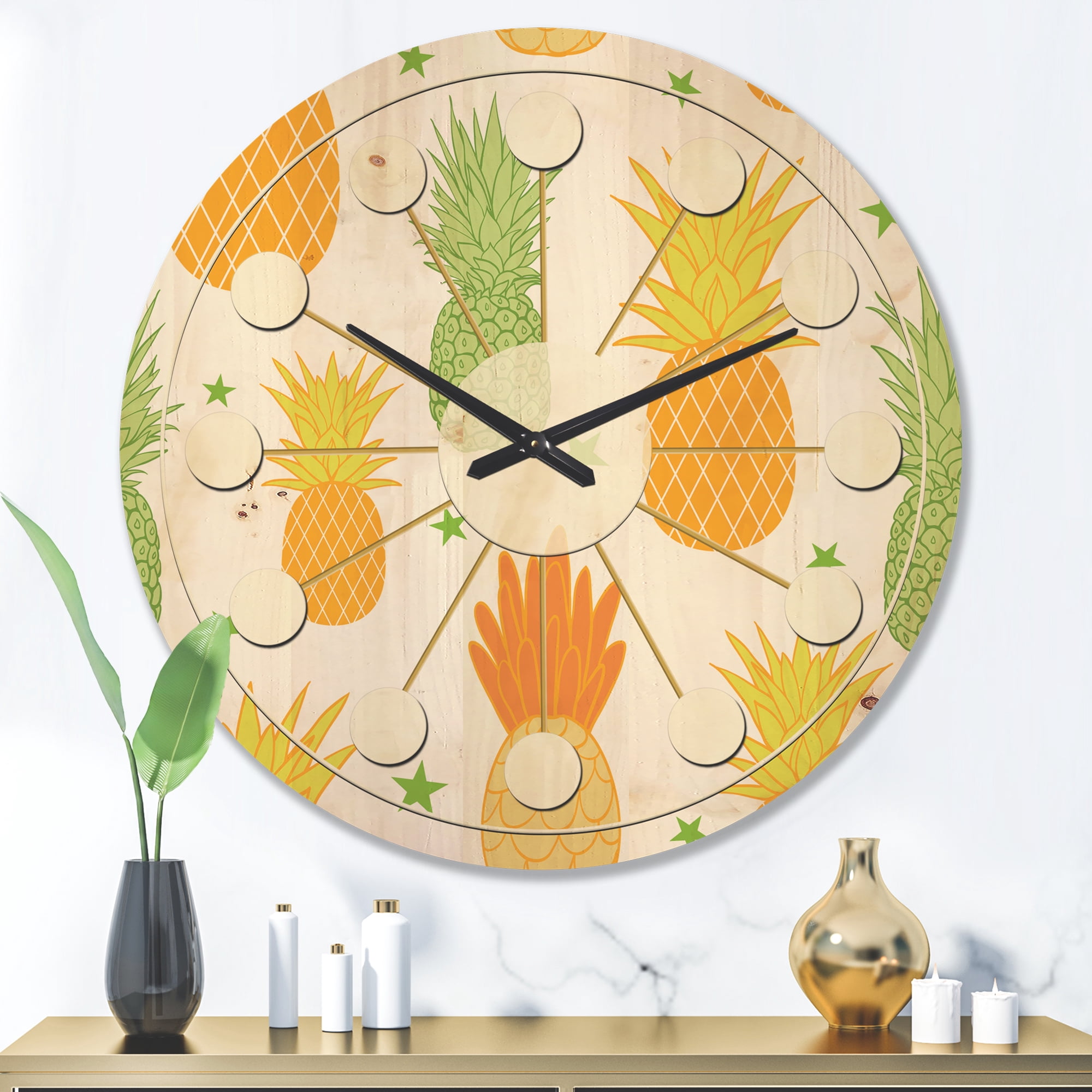 Designart 'Pineapple Summer Bliss Retro II' Mid-Century Modern Wood Wall Clock