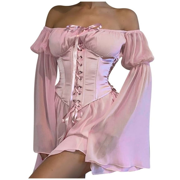 FRSASU Plus Size Dress Women'S One-Shoulder Trumpet Sleeves Ruffled Sweet Retro Style Chiffon Dress