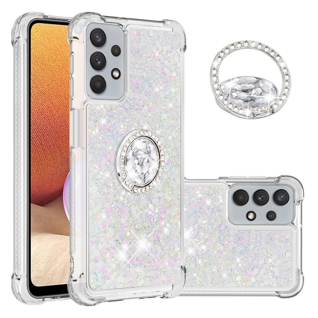 Funda para Samsung Galaxy A32 5G con Brillo Líquido Flotante, Purpurina, Parachoques y Anillo Giratorio Soporte