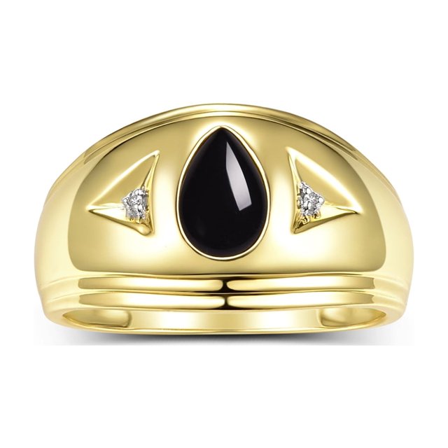 RYLOS Men's Rings 14K Yellow Gold Pear Shape Tear Drop Cabochon Gemstone & Diamond Rings; Cabochon Onyx Size 11