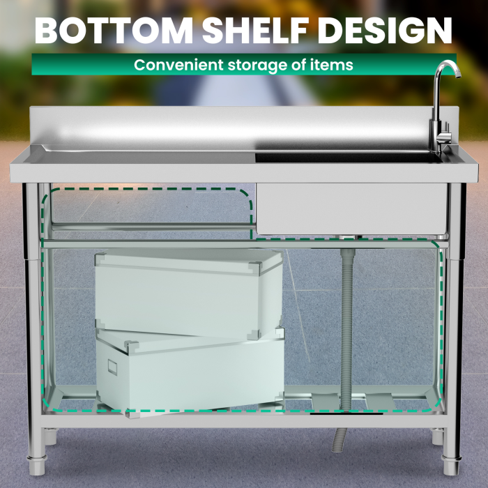 ​​Stainless Steel Utility Sink (Single Bowl), 47.3" Full Length, 198 lb Workbench, Commercial Kitchen Sink for Restaurant, Farm, Laundry Duty