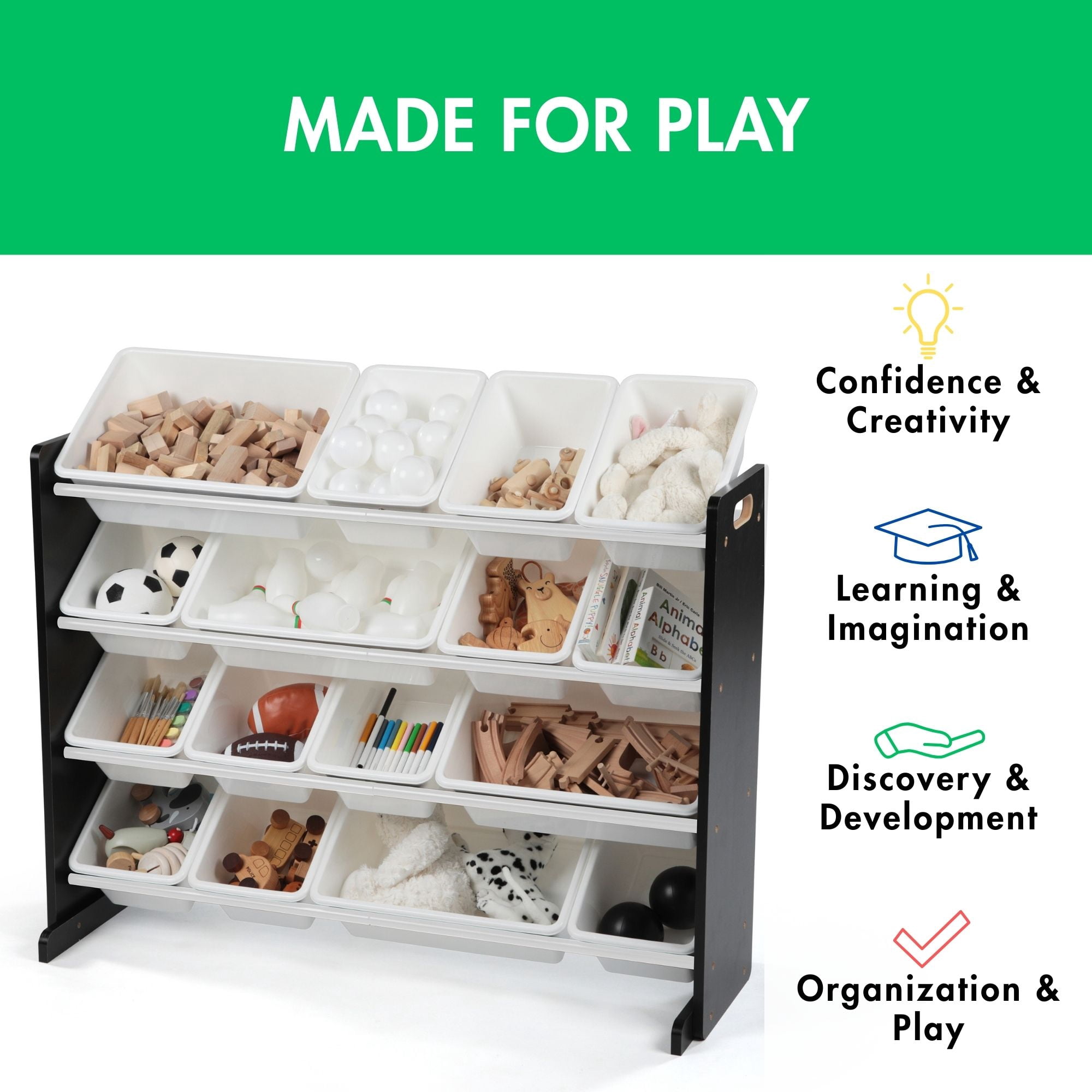Humble Crew Storage Organizer with 16 Plastic Bins for Kids & Toddlers, Espresso/White