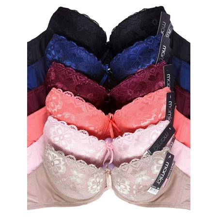 

LAVRA Women s 6-Pack Push Up Full Cup Brawith Lace Detailing Floral Lingerie Polyester-Spandex