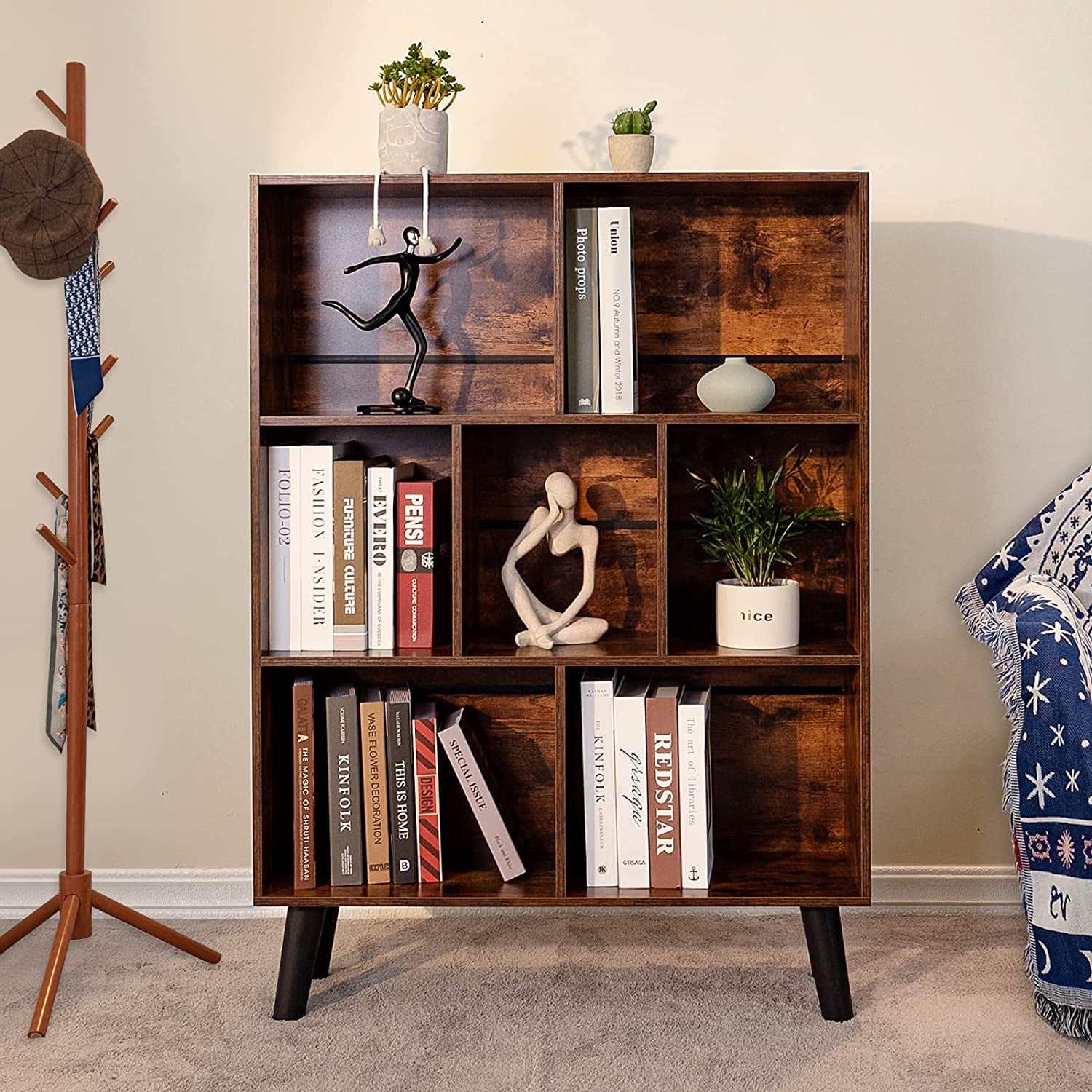 Cube Bookshelf 3 Tier Mid-Century Rustic  Modern Bookcase with Legs,Retro Wood Bookshelves Storage Organizer Shelf,Freestanding Open Book Shelves for Bedroom,Living Room,Office