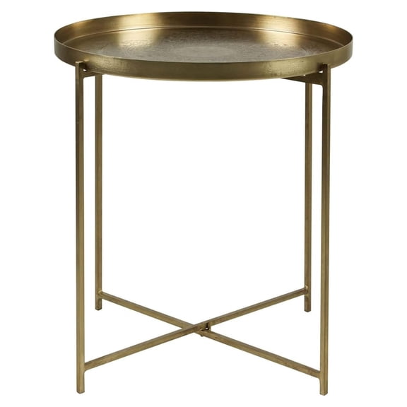 LXKJ Tray Top Round Side Table, Decorative End Table with Antique Brass Finish, Intricate Hand Carving, Strong Iron Legs - 20" X 21.7"