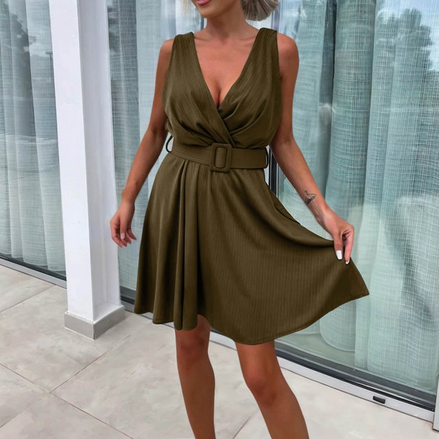 LOVZFMLL Robes Femmes Mode Couleur Unie Pli Sans Manches Robe Col Rond