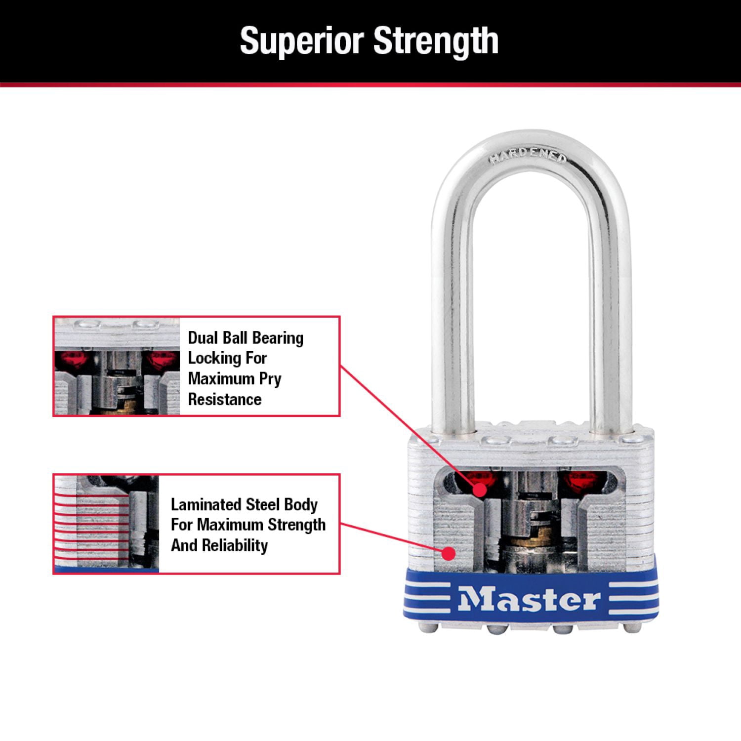 Master Lock 1-9/16in (40mm) Wide Laminated Steel Pin Tumbler Padlock with 1-1/2 (38mm) Shackle; 2-Pack