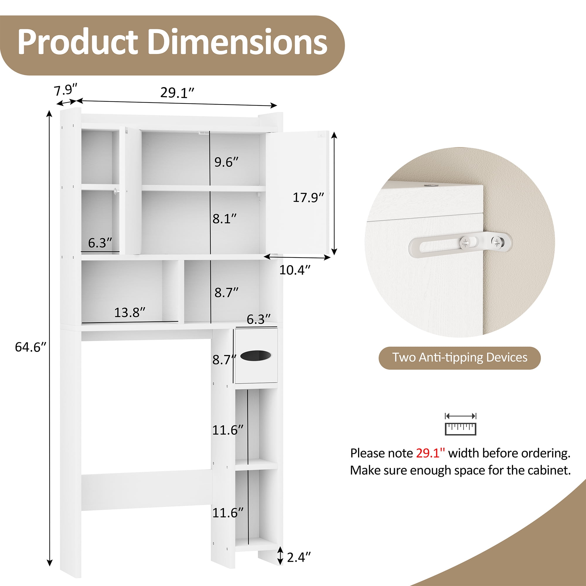 Walsunny Over the Toilet Storage Cabinets with Doors Side Shelves Toilet Paper Holder Stand Organizer Shelf Rack Space Saver above behind Toilet Freestanding for Bathroom Restroom Laundry White