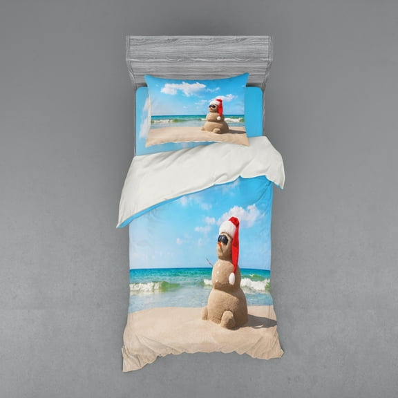 Ambesonne Christmas Bedding Set 3 Pcs, Sandman with Santa Hat, Twin, Blue Cream
