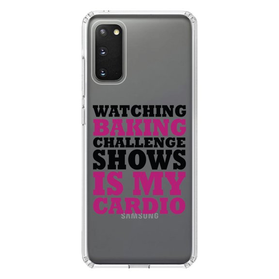 DistinctInk Clear Shockproof Hybrid Case for Galaxy S20 / S20 5G (6.2" Screen) - TPU Bumper Acrylic Back Tempered Glass Screen Protector - Watching Baking Shows is My Cardio