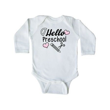 

Inktastic Hello Preschool with Hearts and School Supplies Gift Baby Boy or Baby Girl Long Sleeve Bodysuit