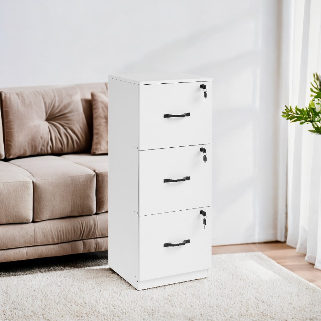 File Cabinet, Printer Stand with 3 Lockable Drawers, Adjustable Hanging Rails, Cloud White