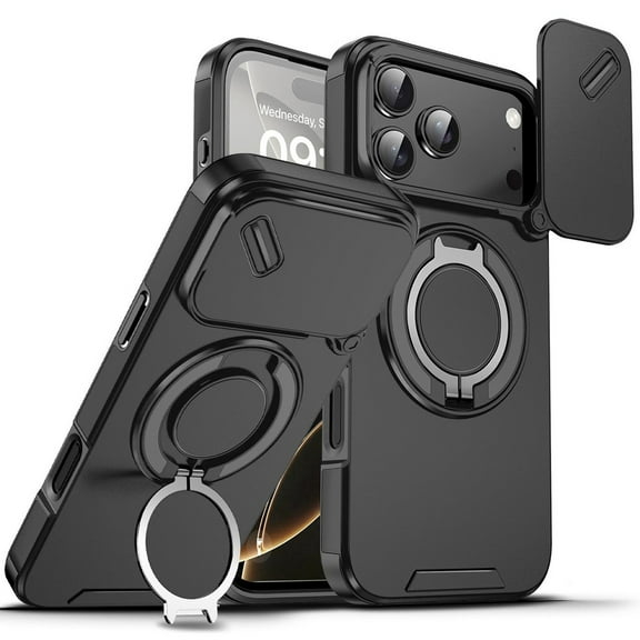 TJS for iPhone 17 Pro Max Phone Case, Privacy Camera Dual Layer Magnetic Ring Rotating Stand Protective Cover (Black)
