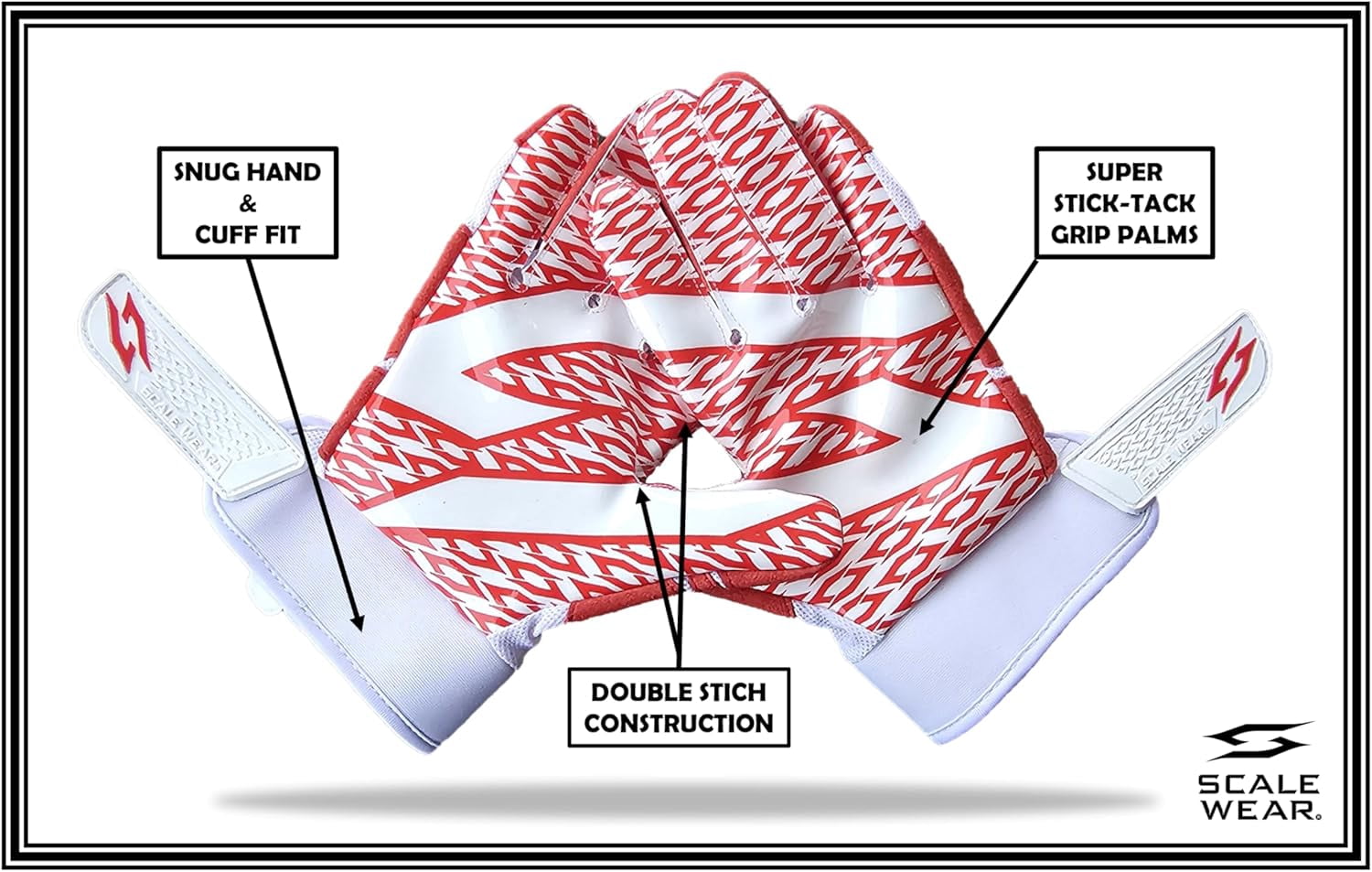 Scale Wear Design White Stealth Football Lineman Gloves with Tach Grip Silicone Palms. Adult Men's Youth Boys Sticky Lineman Wide Receiver Flag Football Boost Your Game! (Youth-Small, White-Red)