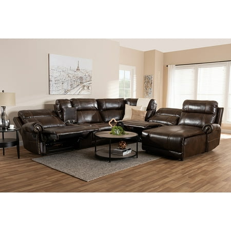 Baxton Studio Dacio Modern and Contemporary Brown Faux Leather Upholstered 6-Piece Sectional Recliner Sofa with 2 Reclining