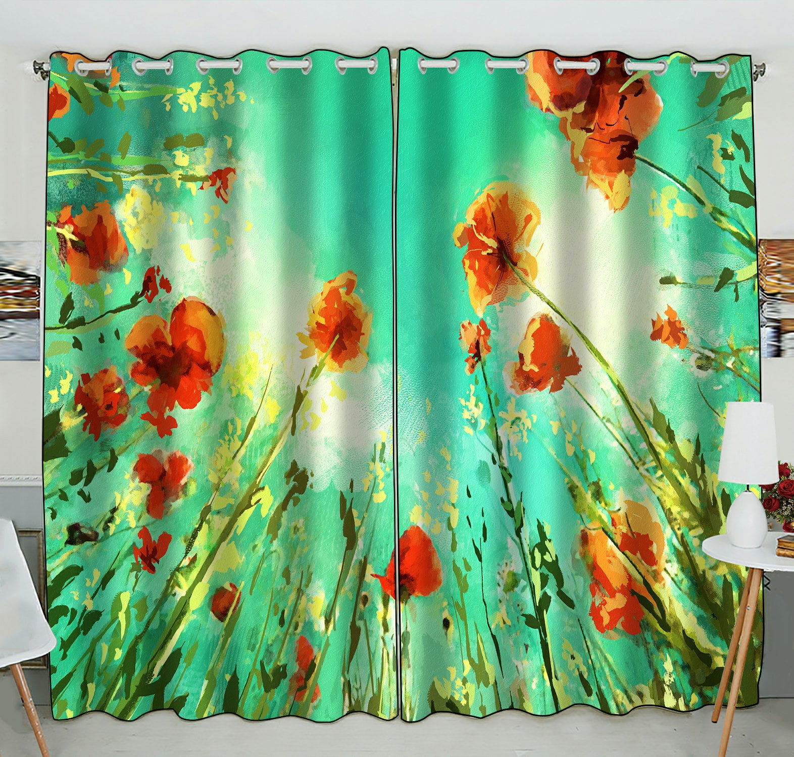 PHFZK Landscape Nature Scenery Window Curtain, Watercolor Field with