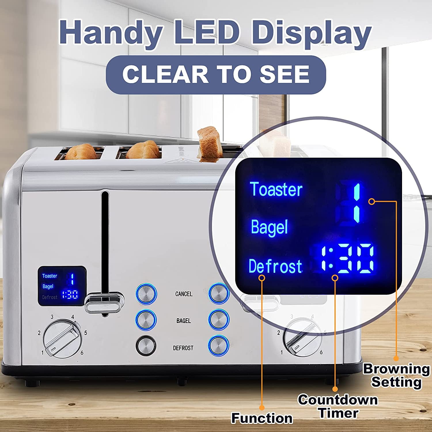 4 Slice Toaster, Ultra-Clear LED Display & Extra Wide Slots, Dual Control Panels of 6 Shade Settings, Cancel/Bal/Defrost Function, Removable Crumb Trays, Stainless Steel Toaster