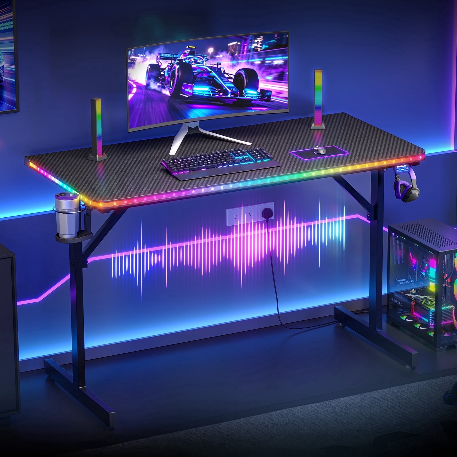 RSPGAME Music Sync LED Gaming Desk Computer Gamer Table for Home Office Carbon Fiber Black