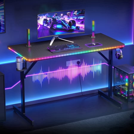 RSPGAME Music Sync Gaming Desk, LED Gamer Table, T-Shape PC Computer Desk with RGB Lighting for Home Office, Carbon Fiber Black