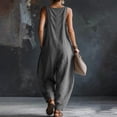 thumbnail image 4 of Women's Casual Jumpsuit Dressy V Neck Sleeveless Cotton Linen Overalls Vintage Elegant Wide Leg Cargo Pant Romper Summer Work Vacation Playsuits Dark Gray XXL, 4 of 7