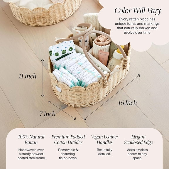 Premium  Diaper Caddy Organizer - Handmade & Award-Winning Scalloped Rattan Basket