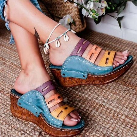 

MRULIC slippers for women Womens Fashion Wedges Open Toe Butterfly-Knot Beach Shoes Roman Slippers Sandals house slippers for women Blue + US:6.5-7