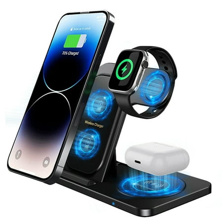 3 in 1 Charging Station for iPhone, Wireless Charger for iPhone 14 13 12 11 X Pro Max & Apple Watch, Charging Stand Dock for AirPods, Black