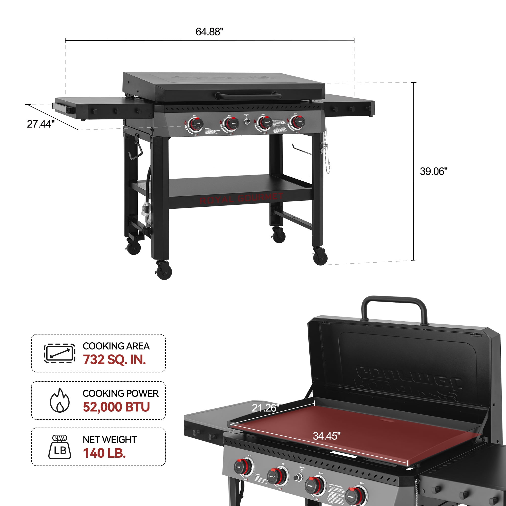 Royal Gourmet GB4005P 34-Inch 4-Burner Gas Griddle with Hood, Griddle with Collapsible Side Shelves and Storage Basket,Black