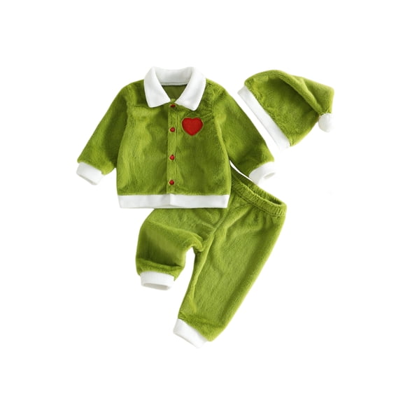 RUINIXCW Toddler Baby Girl Boy Christmas Outfit Infant Kids Christmas Elf Cosplay Costume Long Sleeve Green Plush Lapel Velvet Button Down Jacket Coat and Pants Set Hat