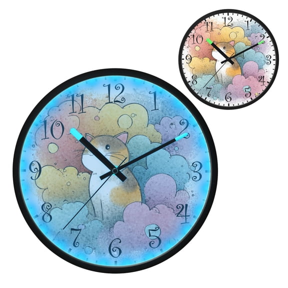 Voice Activated Clock with Glow Light 12 Inch Large Silent Wall Clock Battery Operated for Home Decor Cat and Colorful Clouds