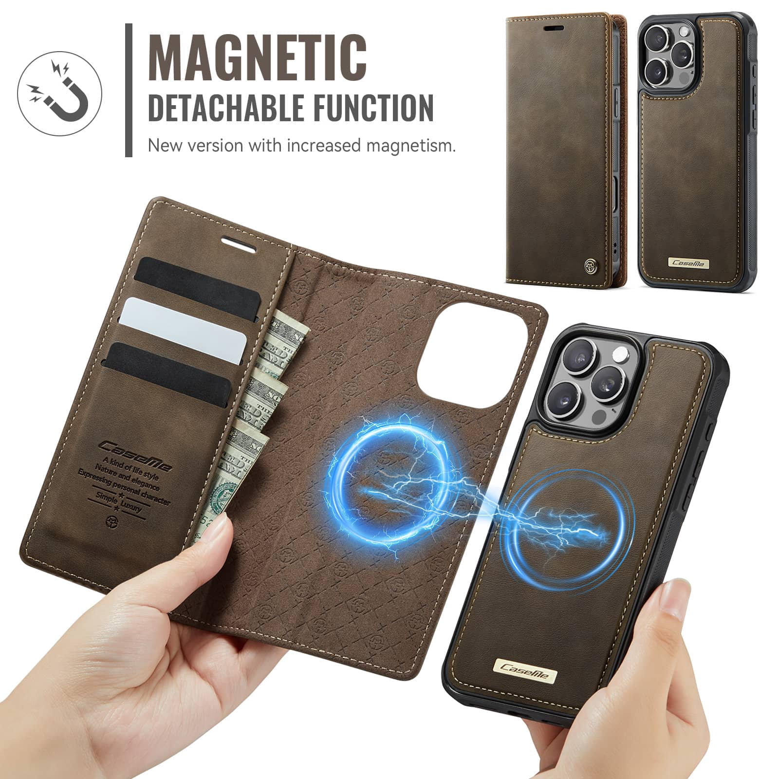 Magnetic 2 in 1 Magsafe Detachable Wallet Case for iPhone 16 Pro Max with Card Holder Women Men, Retro PU Leather【RFID Blocking】Kickstand Shockproof Cover