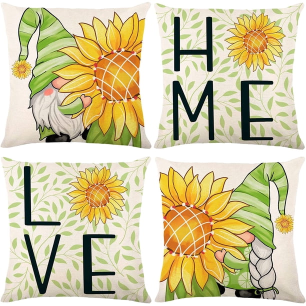 Funda de almohada con diseño de gnomo de girasol amarillo, 18 x 18 cm, con flores de primavera, funda de almohada de girasol de verano, funda de almohada decorativa, decoración rústica para sofá,