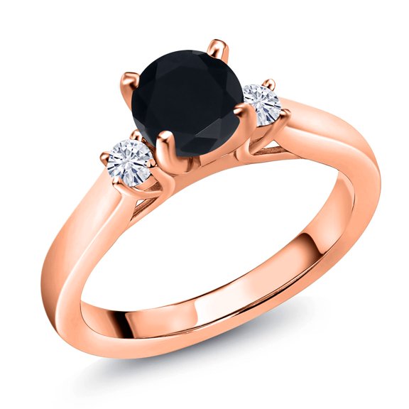 Gem Stone King 18K Rose Gold Plated Silver Black Onyx and White Moissanite 3-Stone Engagement Ring for Women (0.93 Cttw, Round 6MM, Gemstone December Birthstone, Size 6)